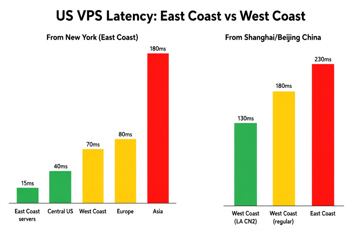 US VPS latency comparison showing East Coast vs West Coast to domestic, Europe, and Asia destinations